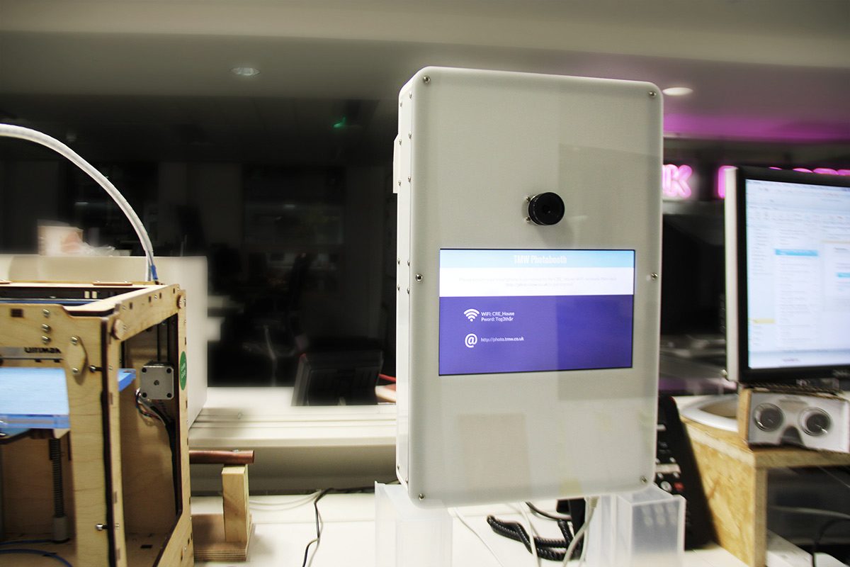 The Raspberry Pi photobooth mounted on a stand