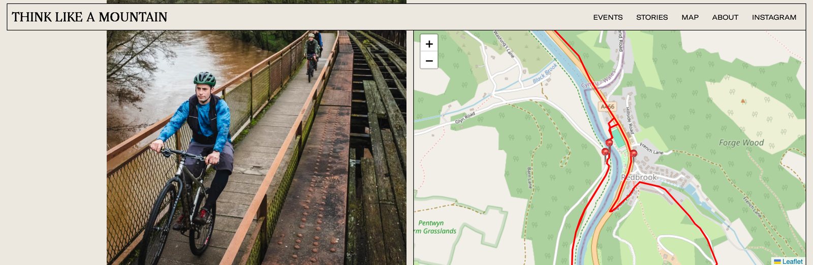 A Think Like A Mountain ride story, with a photo of riders on a river bridge beside a map zoomed to that spot